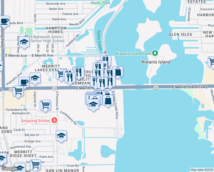 map of restaurants, bars, coffee shops, grocery stores, and more near in Merritt Island