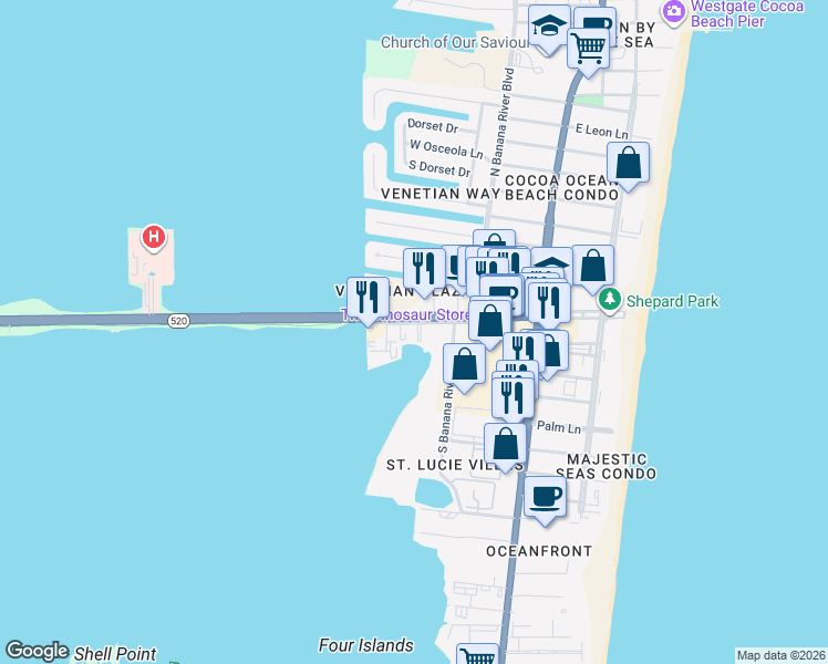 map of restaurants, bars, coffee shops, grocery stores, and more near 404 West Cocoa Beach Causeway in Cocoa Beach