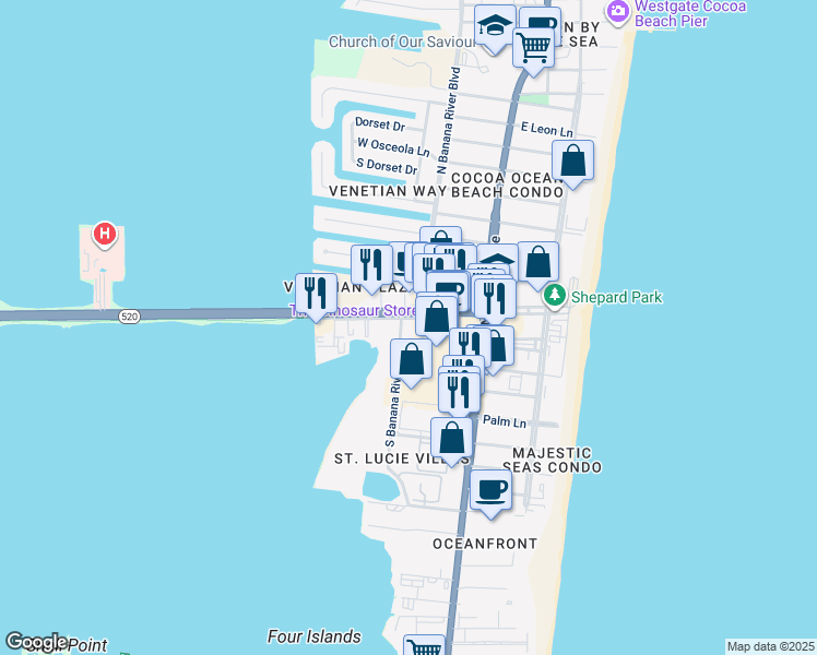 map of restaurants, bars, coffee shops, grocery stores, and more near 350 West Cocoa Beach Causeway in Cocoa Beach