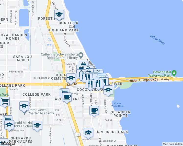 map of restaurants, bars, coffee shops, grocery stores, and more near 19 Peachtree Street in Cocoa