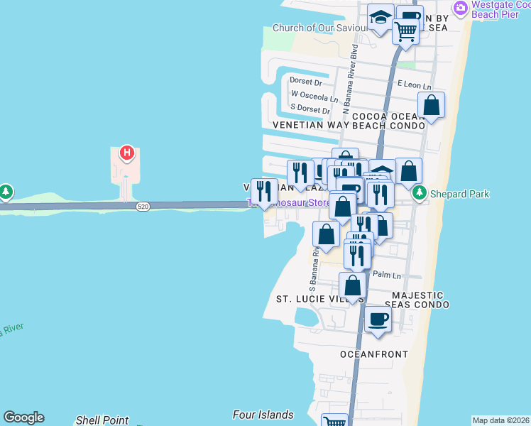 map of restaurants, bars, coffee shops, grocery stores, and more near 500 Florida 520 in Cocoa Beach