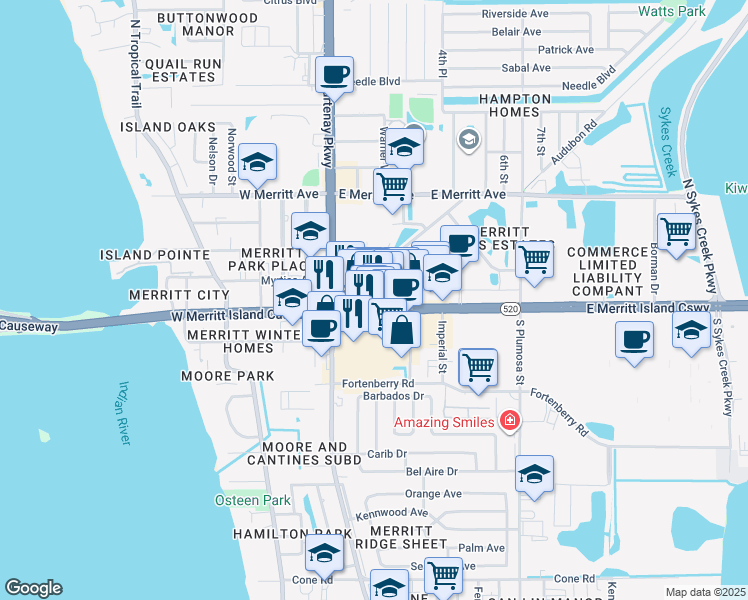 map of restaurants, bars, coffee shops, grocery stores, and more near 76 East Merritt Island Causeway in Merritt Island
