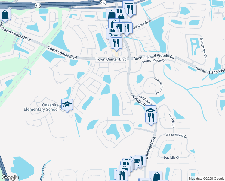 map of restaurants, bars, coffee shops, grocery stores, and more near 14422 Island Cove Drive in Orlando
