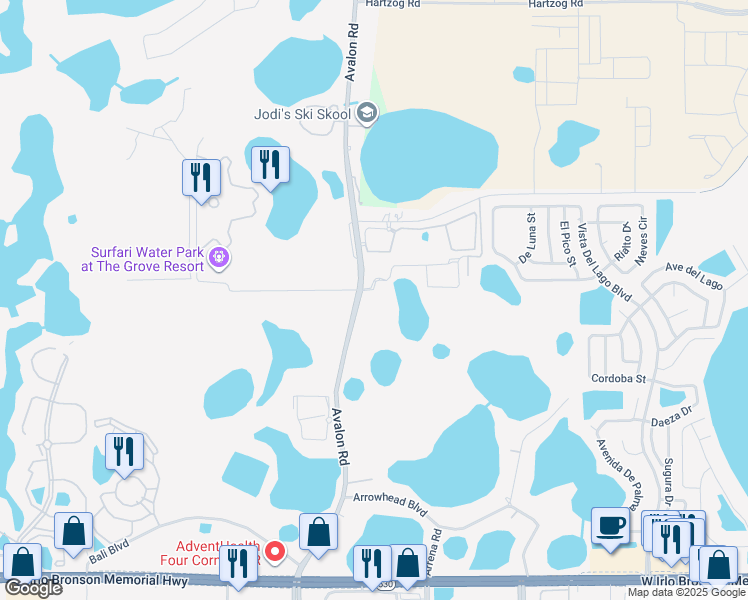 map of restaurants, bars, coffee shops, grocery stores, and more near 14285 Avalon Road in Winter Garden