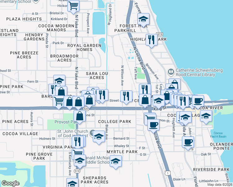 map of restaurants, bars, coffee shops, grocery stores, and more near 619 Peachtree Street in Cocoa