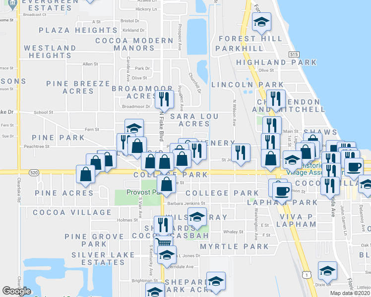 map of restaurants, bars, coffee shops, grocery stores, and more near 825 Peachtree Street in Cocoa