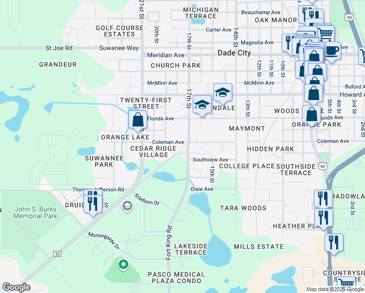 map of restaurants, bars, coffee shops, grocery stores, and more near in Dade City