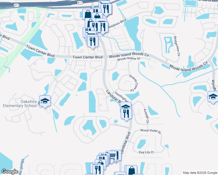 map of restaurants, bars, coffee shops, grocery stores, and more near 14340 Huntingfield Ct in Orlando