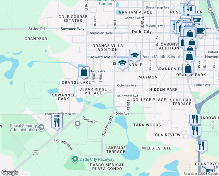 map of restaurants, bars, coffee shops, grocery stores, and more near 37226 Majestic Oak Court in Dade City