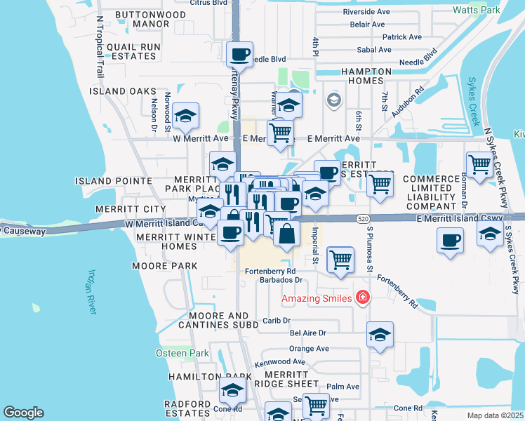 map of restaurants, bars, coffee shops, grocery stores, and more near 76 East Merritt Island Causeway in Merritt Island