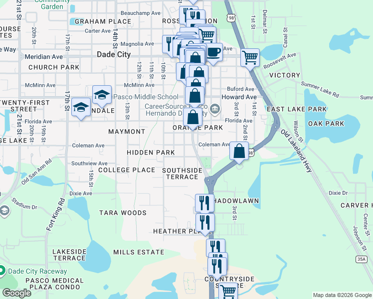 map of restaurants, bars, coffee shops, grocery stores, and more near 37831 East Southview Avenue in Dade City
