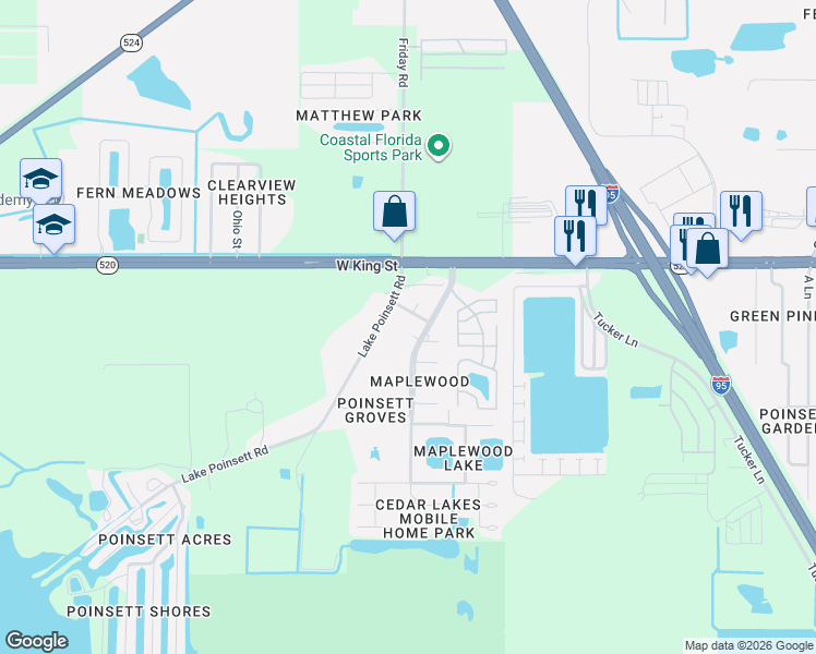 map of restaurants, bars, coffee shops, grocery stores, and more near 5145 Lake Poinsett Road in Cocoa