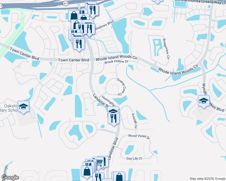 map of restaurants, bars, coffee shops, grocery stores, and more near 14374 Bending Branch Court in Orlando