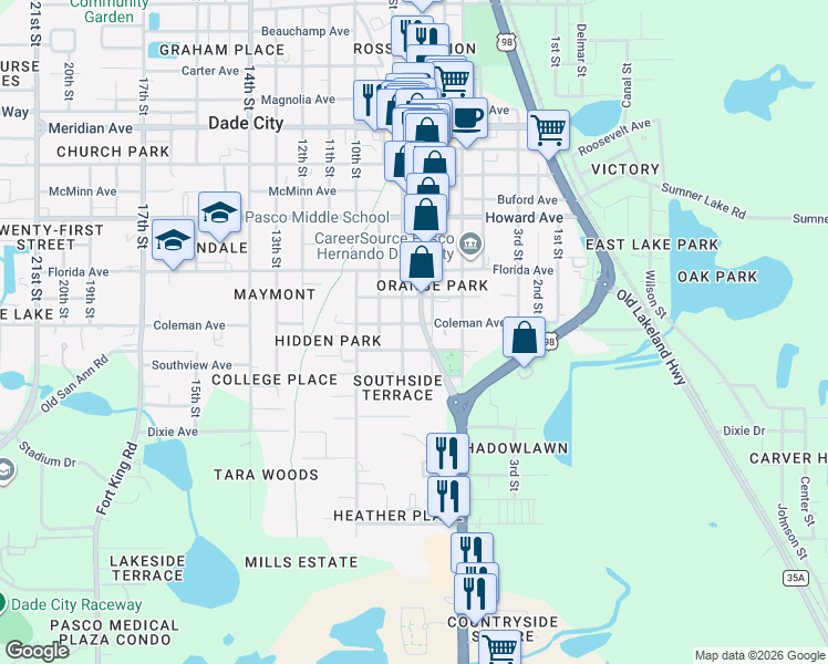 map of restaurants, bars, coffee shops, grocery stores, and more near 37831 East Southview Avenue in Dade City