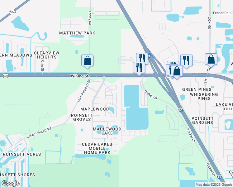 map of restaurants, bars, coffee shops, grocery stores, and more near 132 Rosewood Drive in Cocoa