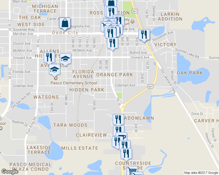 map of restaurants, bars, coffee shops, grocery stores, and more near 37848 Coleman Avenue in Dade City
