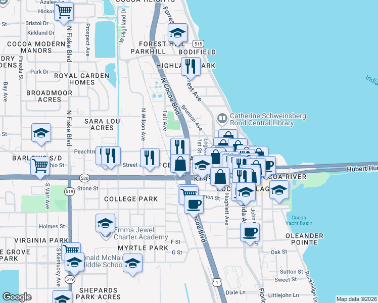map of restaurants, bars, coffee shops, grocery stores, and more near 10 Florida 5 in Cocoa