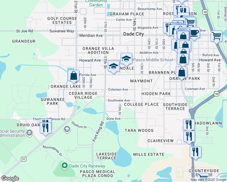 map of restaurants, bars, coffee shops, grocery stores, and more near 37322 Coleman Avenue in Dade City