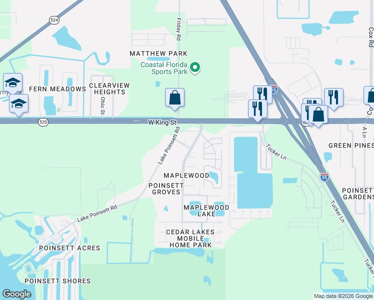 map of restaurants, bars, coffee shops, grocery stores, and more near 145 Maplewood Blvd in Cocoa