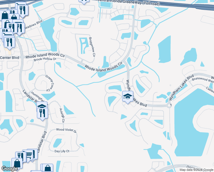 map of restaurants, bars, coffee shops, grocery stores, and more near 14854 Huntcliff Park Way in Orlando