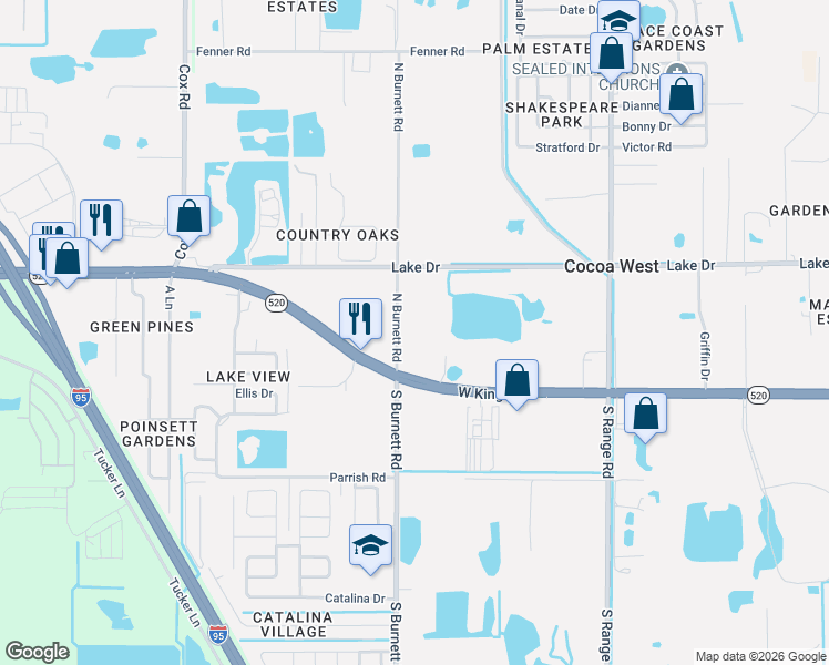map of restaurants, bars, coffee shops, grocery stores, and more near 245 North Burnett Road in Cocoa