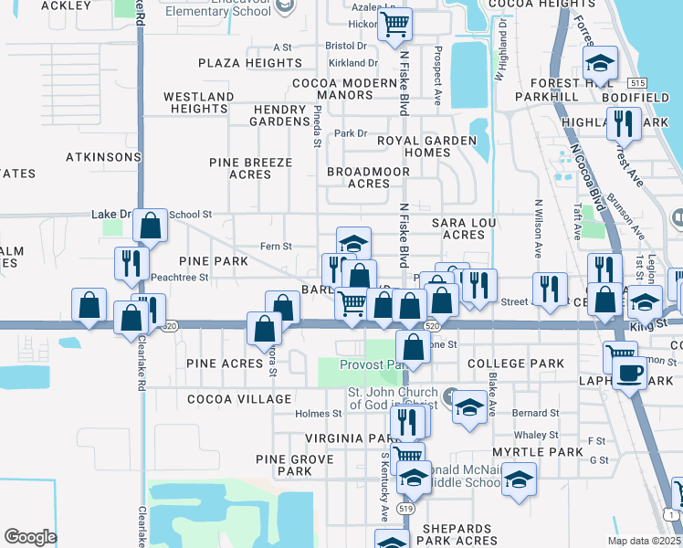 map of restaurants, bars, coffee shops, grocery stores, and more near 1111 Peachtree Street in Cocoa