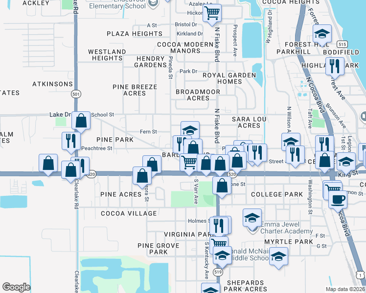 map of restaurants, bars, coffee shops, grocery stores, and more near 1111 Peachtree Street in Cocoa