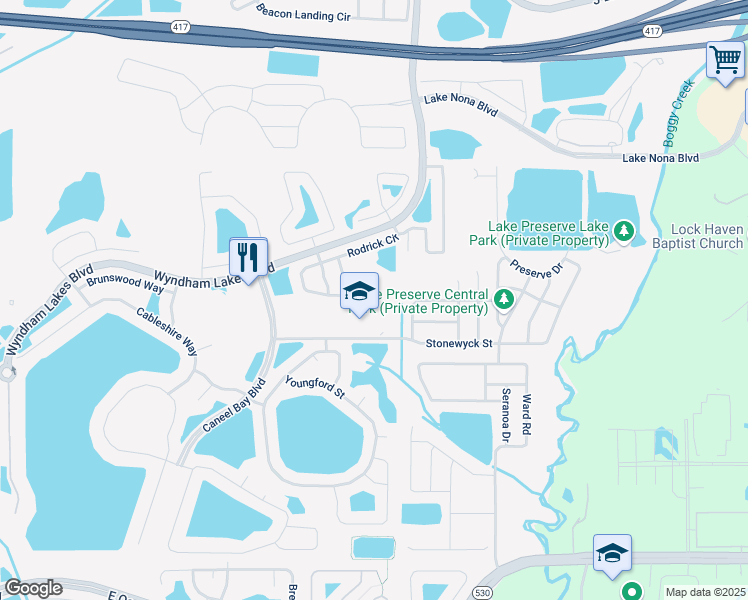 map of restaurants, bars, coffee shops, grocery stores, and more near 3662 Rodrick Circle in Orlando