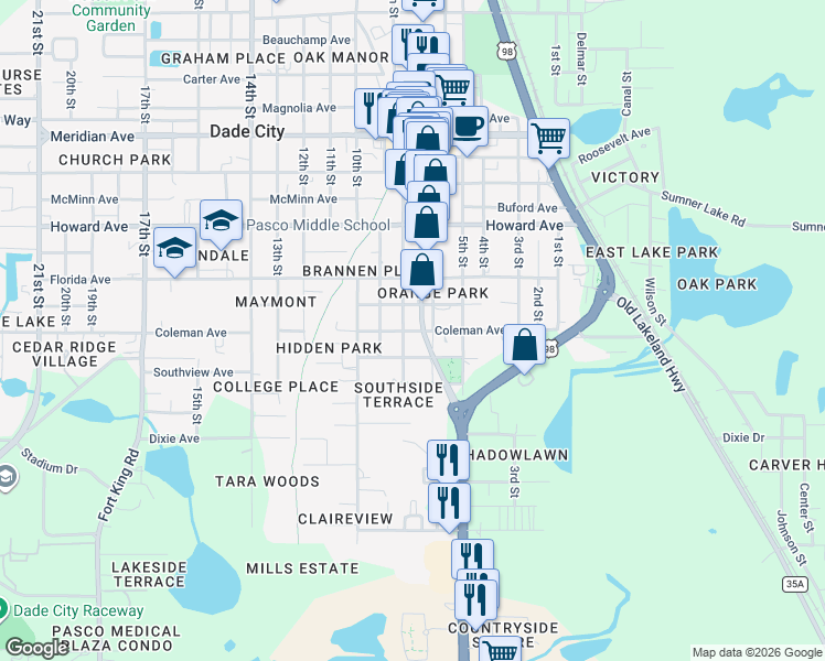 map of restaurants, bars, coffee shops, grocery stores, and more near 37848 Coleman Avenue in Dade City