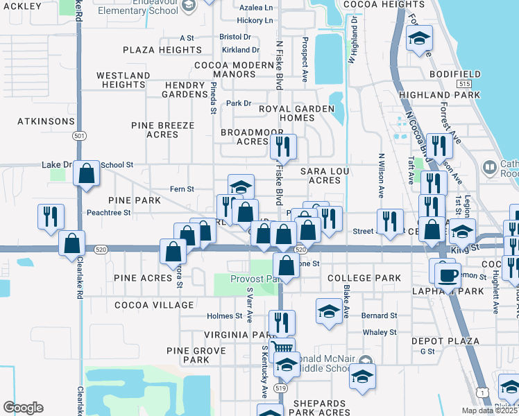 map of restaurants, bars, coffee shops, grocery stores, and more near 1046 Peachtree Street in Cocoa