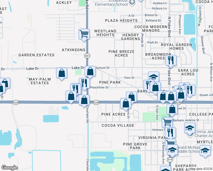 map of restaurants, bars, coffee shops, grocery stores, and more near 1431 Peachtree Street in Cocoa