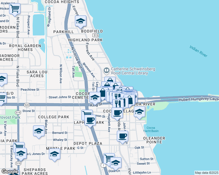 map of restaurants, bars, coffee shops, grocery stores, and more near 129 Peachtree Street in Cocoa