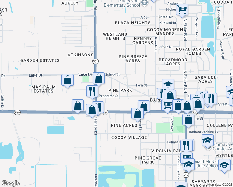 map of restaurants, bars, coffee shops, grocery stores, and more near 1431 Peachtree Street in Cocoa