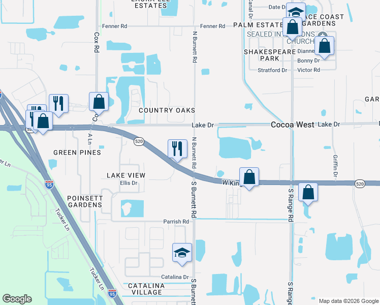 map of restaurants, bars, coffee shops, grocery stores, and more near 245 North Burnett Road in Cocoa