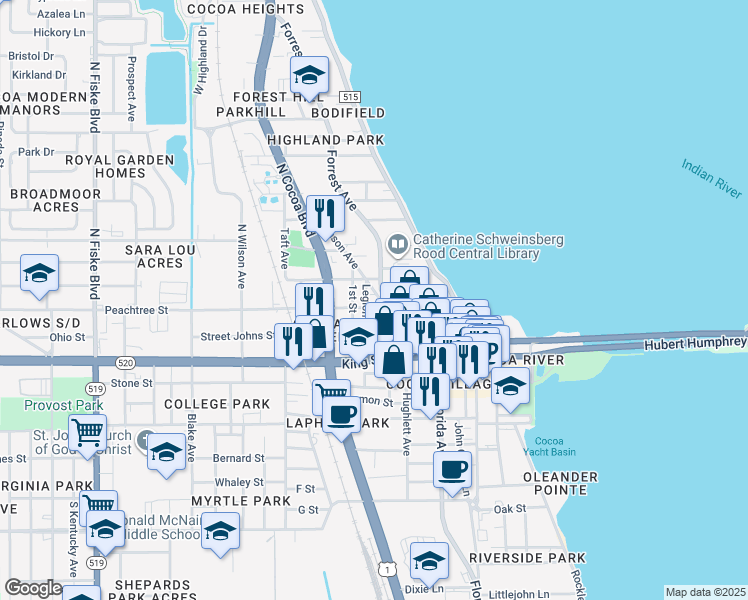 map of restaurants, bars, coffee shops, grocery stores, and more near 105 Forrest Avenue in Cocoa