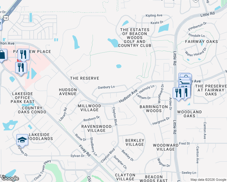 map of restaurants, bars, coffee shops, grocery stores, and more near 13749 Lanier Court in Hudson