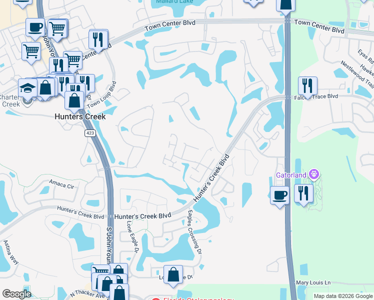 map of restaurants, bars, coffee shops, grocery stores, and more near 2491 Harmonica Boulevard in Orlando