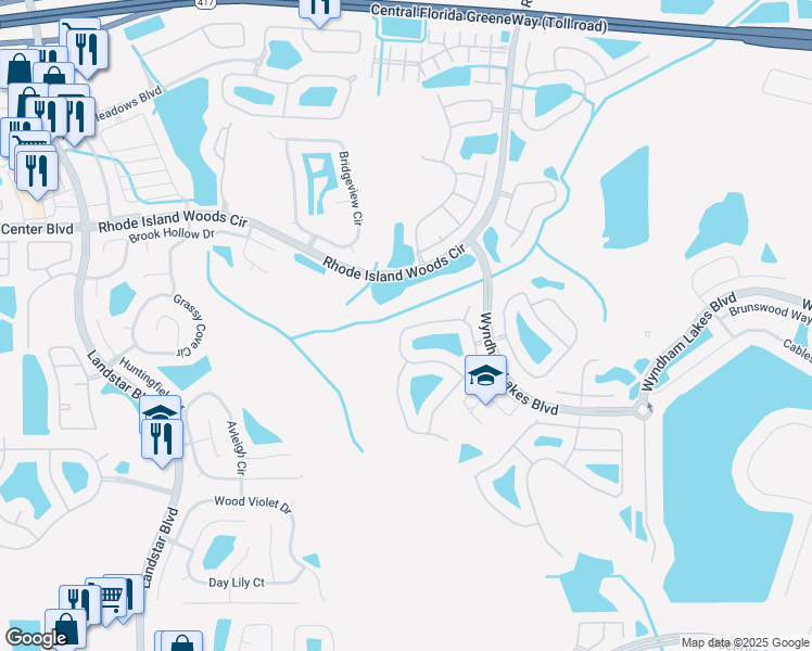 map of restaurants, bars, coffee shops, grocery stores, and more near 14854 Huntcliff Park Way in Orlando