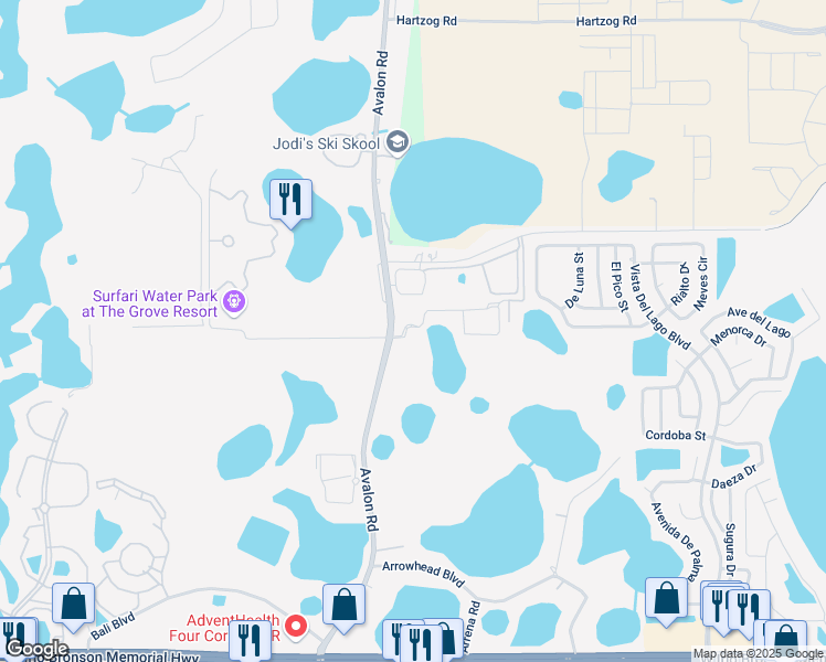 map of restaurants, bars, coffee shops, grocery stores, and more near 14285 Avalon Road in Winter Garden