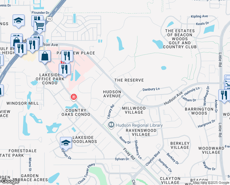 map of restaurants, bars, coffee shops, grocery stores, and more near 8132 Hudson Avenue in Hudson
