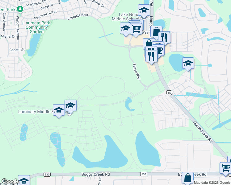 map of restaurants, bars, coffee shops, grocery stores, and more near 14105 Narcoossee Road in Orlando