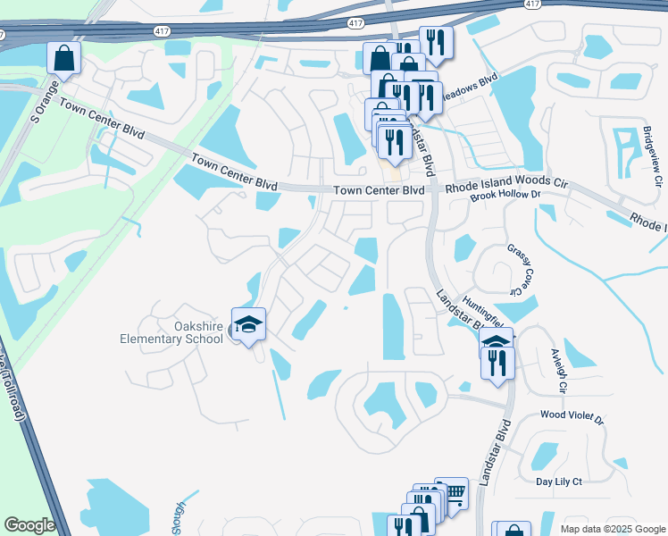map of restaurants, bars, coffee shops, grocery stores, and more near 1117 Sail Creek Drive in Orlando