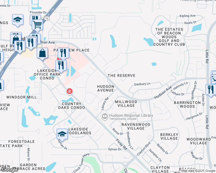 map of restaurants, bars, coffee shops, grocery stores, and more near 8132 Hudson Avenue in Hudson