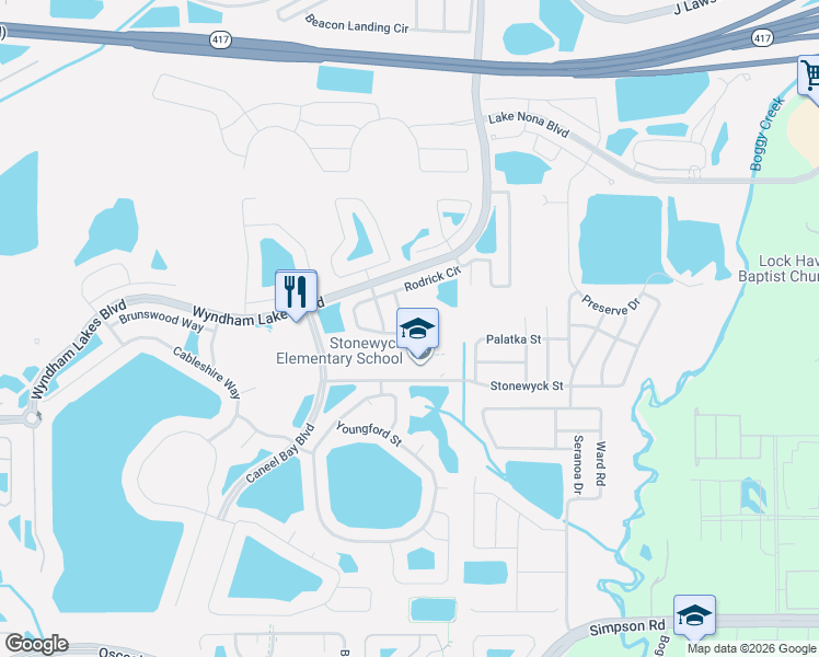 map of restaurants, bars, coffee shops, grocery stores, and more near 3606 Rodrick Circle in Orlando