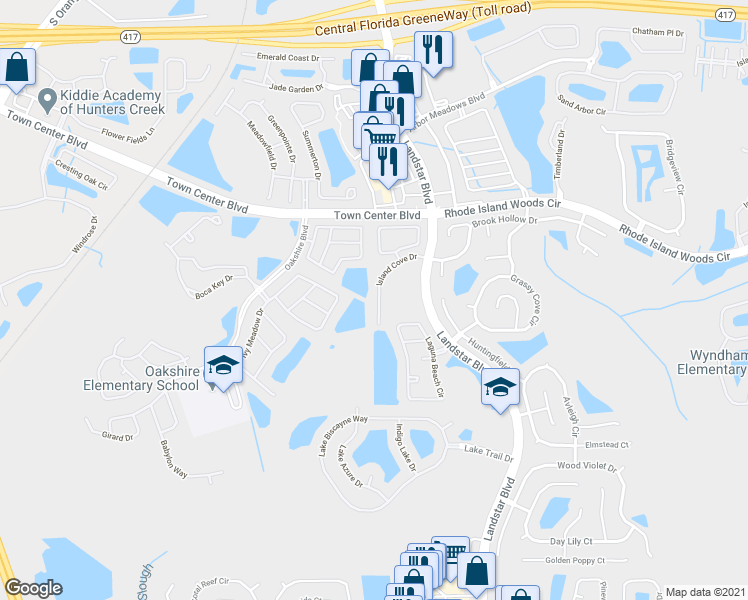 map of restaurants, bars, coffee shops, grocery stores, and more near 14422 Island Cove Drive in Orlando