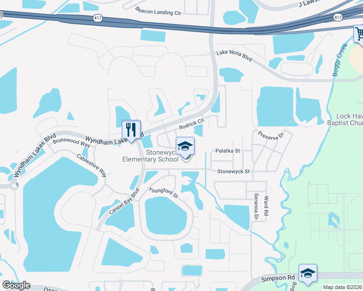 map of restaurants, bars, coffee shops, grocery stores, and more near 3606 Rodrick Circle in Orlando