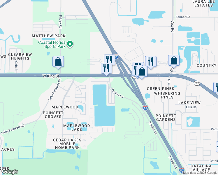 map of restaurants, bars, coffee shops, grocery stores, and more near 107 Forest Lake Drive in Cocoa