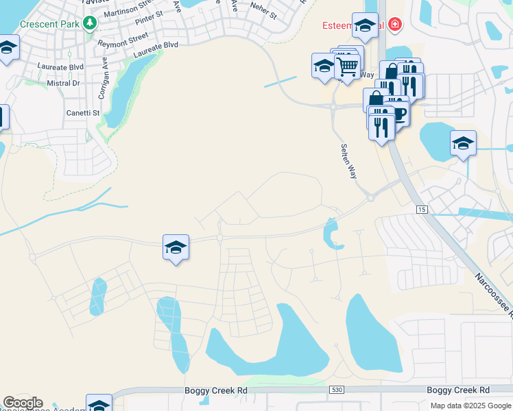 map of restaurants, bars, coffee shops, grocery stores, and more near Laureate Boulevard in Orlando