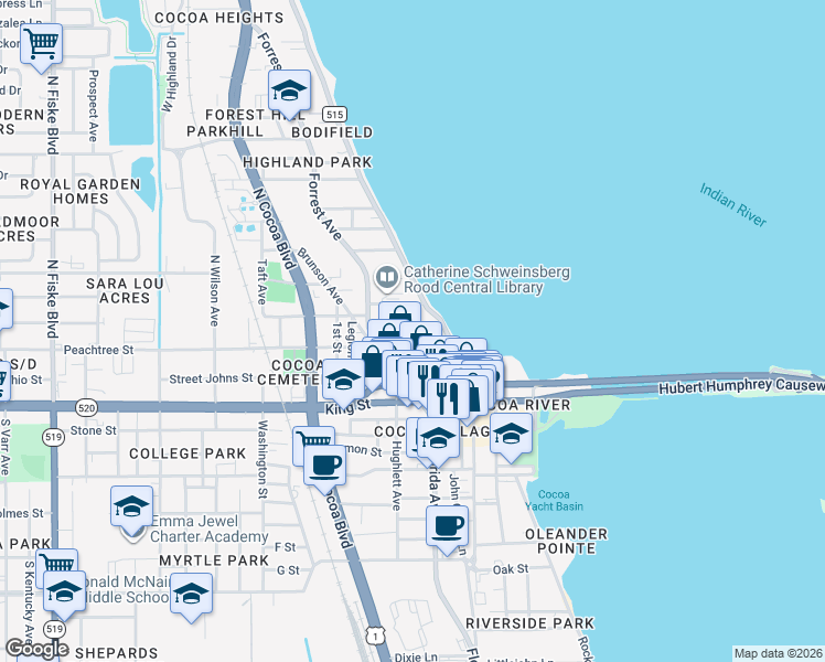 map of restaurants, bars, coffee shops, grocery stores, and more near 115 Indian River Drive in Cocoa