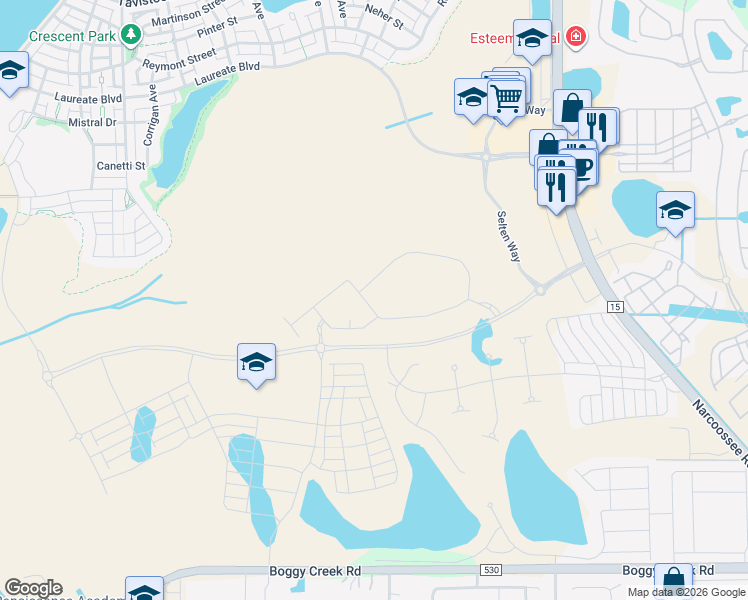 map of restaurants, bars, coffee shops, grocery stores, and more near Laureate Boulevard in Orlando